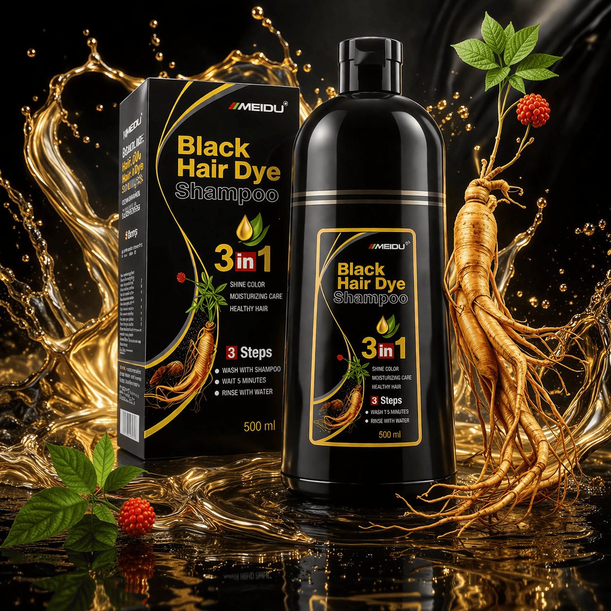 Black Hair Dye Shampoo 3 en 1