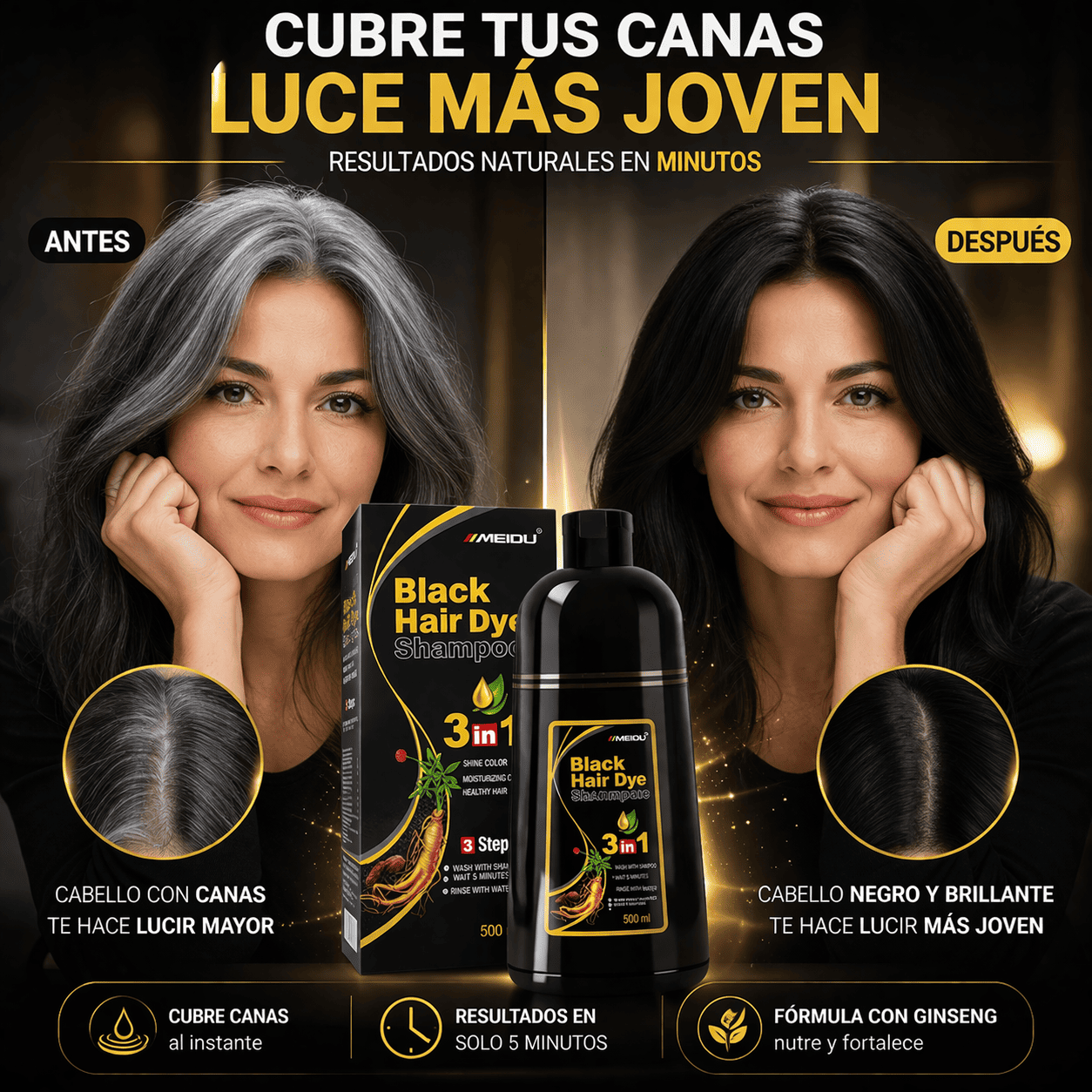 Black Hair Dye Shampoo 3 en 1