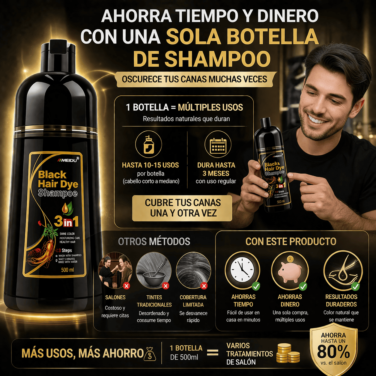 Black Hair Dye Shampoo 3 en 1