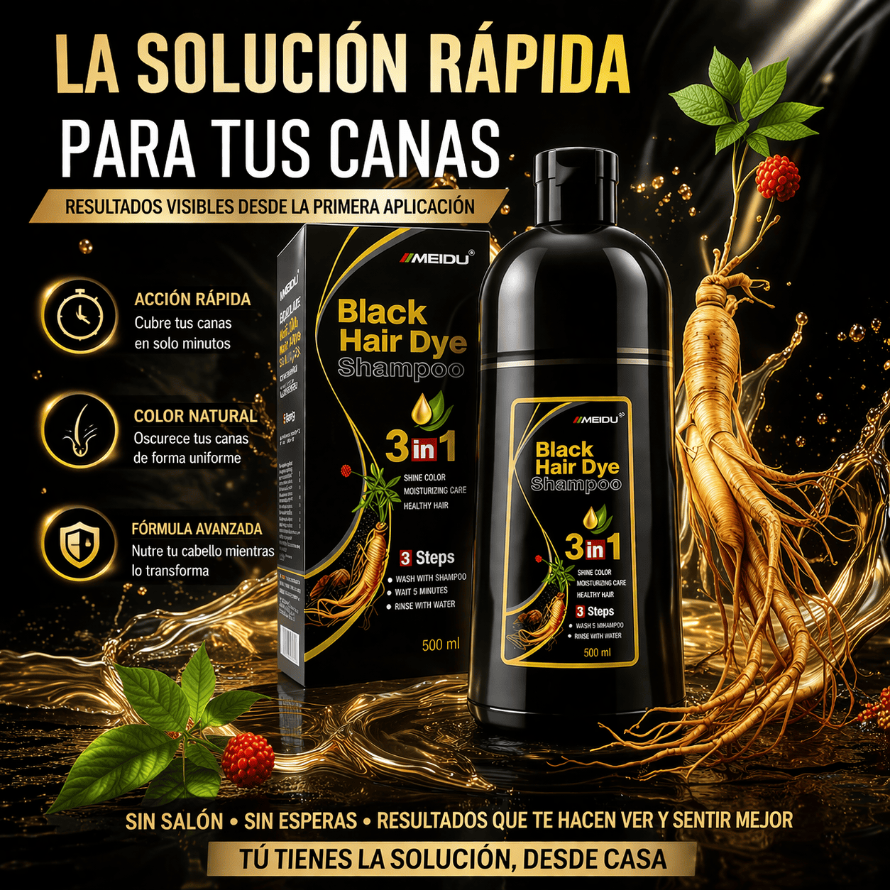 Black Hair Dye Shampoo 3 en 1